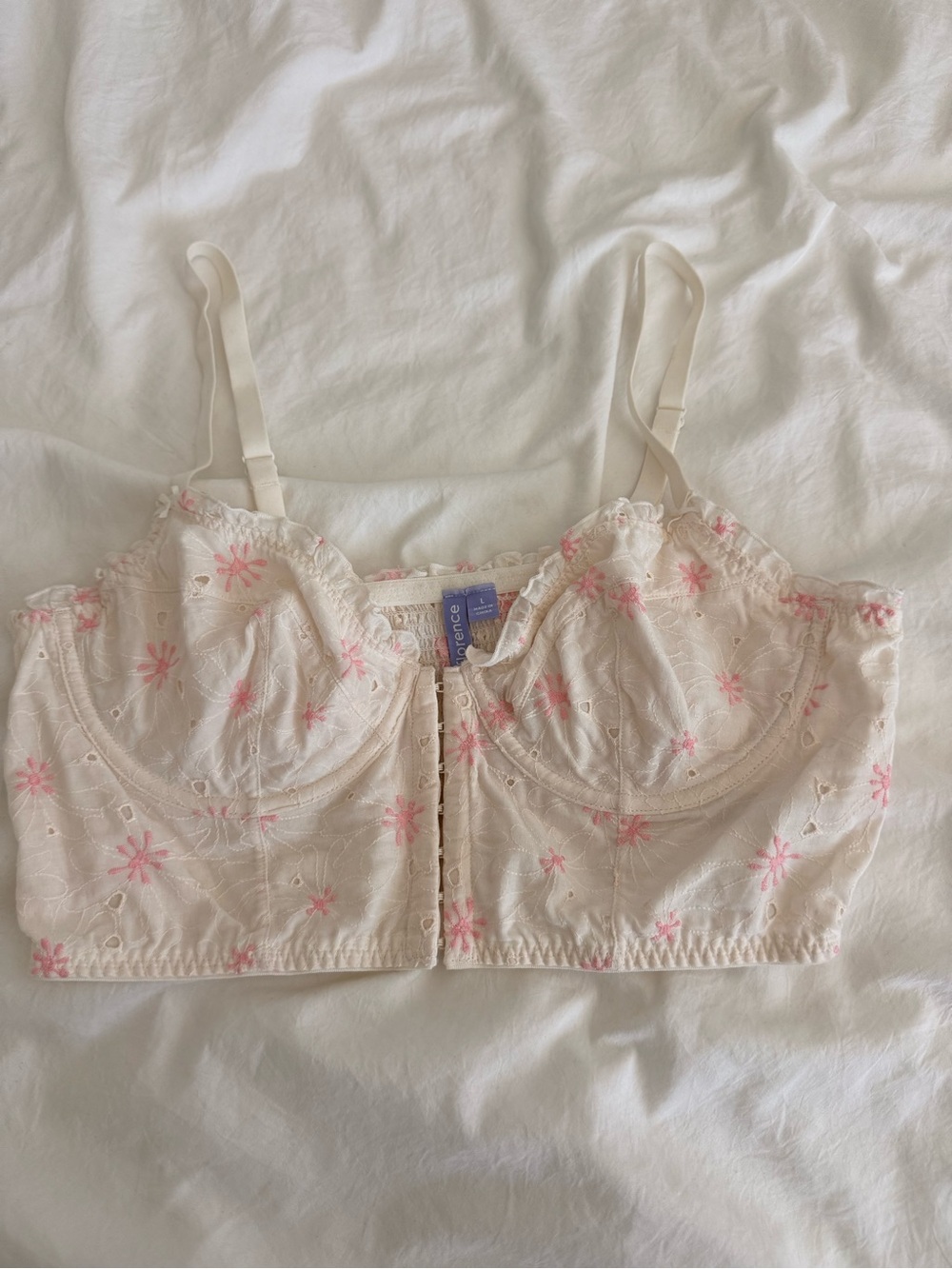 Cream Floral Eyelet Longline Crop Top with Pink Embroidery